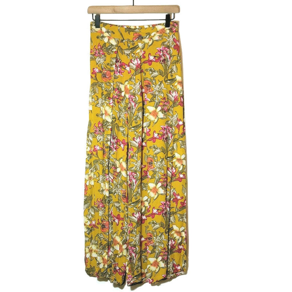 Love Culture Floral Loose Fit Pant Wide Leg Gold Yellow Pink Flowy Summer Boho S